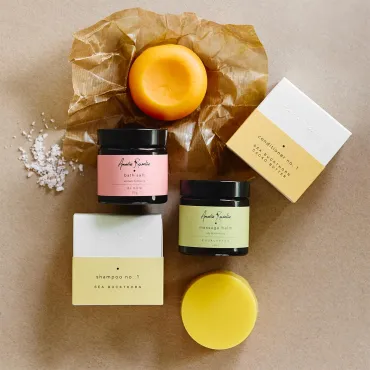 Balsam- og shampoobar med badesalt inkl. massagecreme