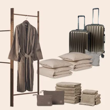 Sengetøj, badekåbe, toilettaske, XXL håndklædepakke og kuffertsæt