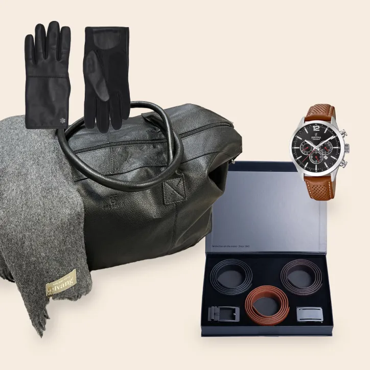 Handsker, taske, tørklæde, ur og bæltepakke