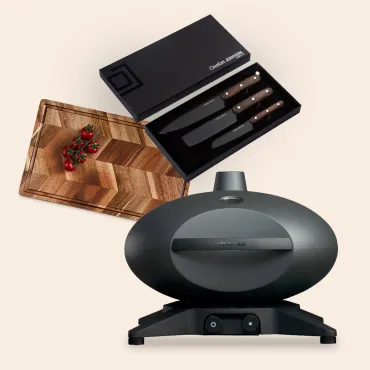 Piccolo gasgrill, 3 stk Orrefors kinve og skærebræt