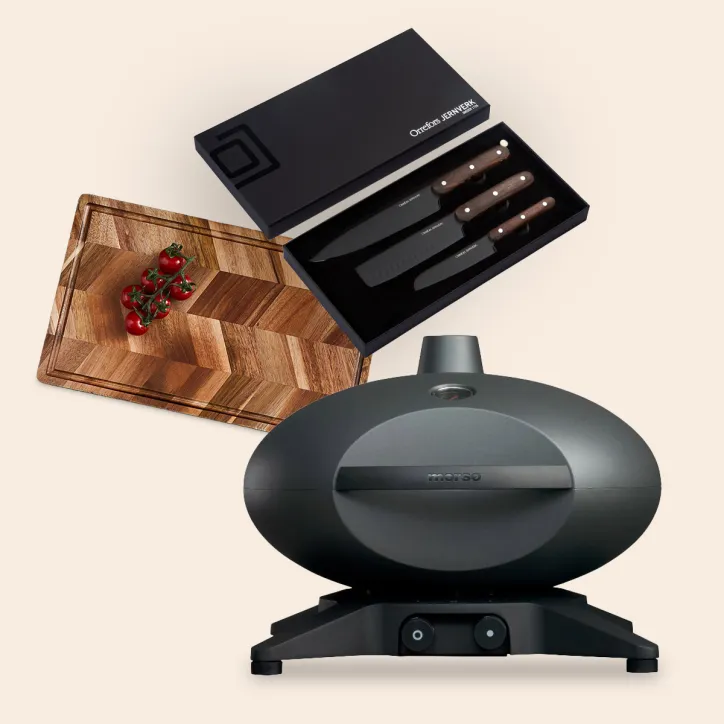 Piccolo gasgrill, 3 stk Orrefors kinve og skærebræt