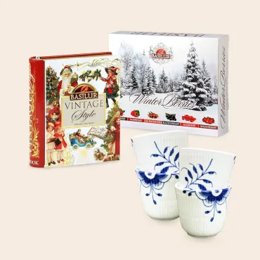 4 stk. blå mega riflet termokopper og unikke te-pakker