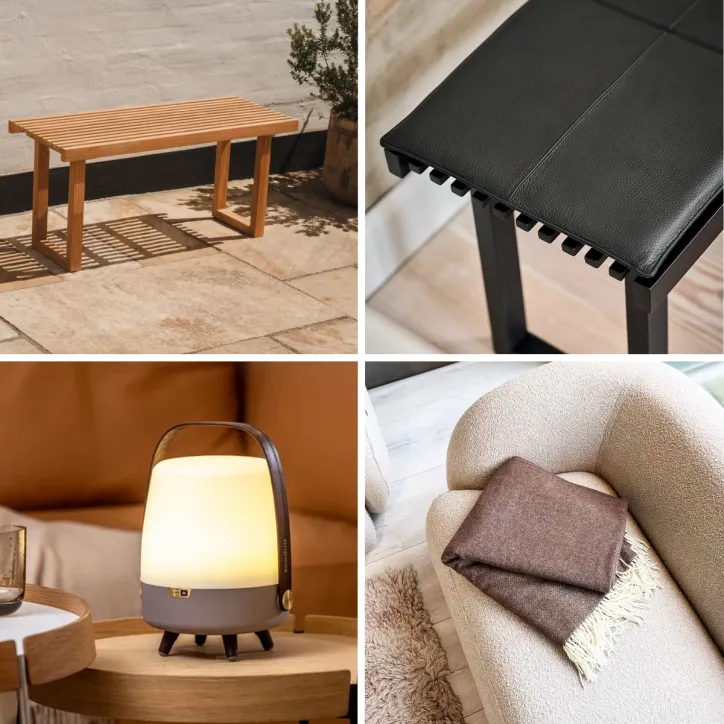 Teak bænk med hynde, uldplaid og højtalerlampe