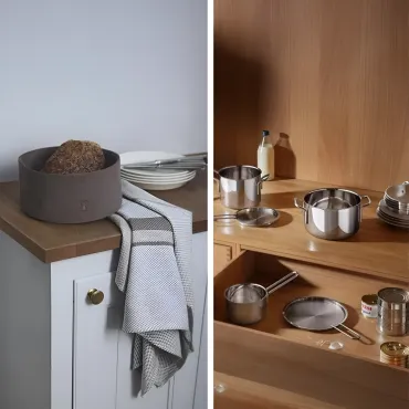Eva Trio grydesæt med låg og Georg Jensen brødkurv og viskestykker