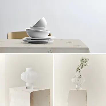 Louise Roe Balloon 02 vase valg ml. farver med Södahl Charm dug 220x140 cm