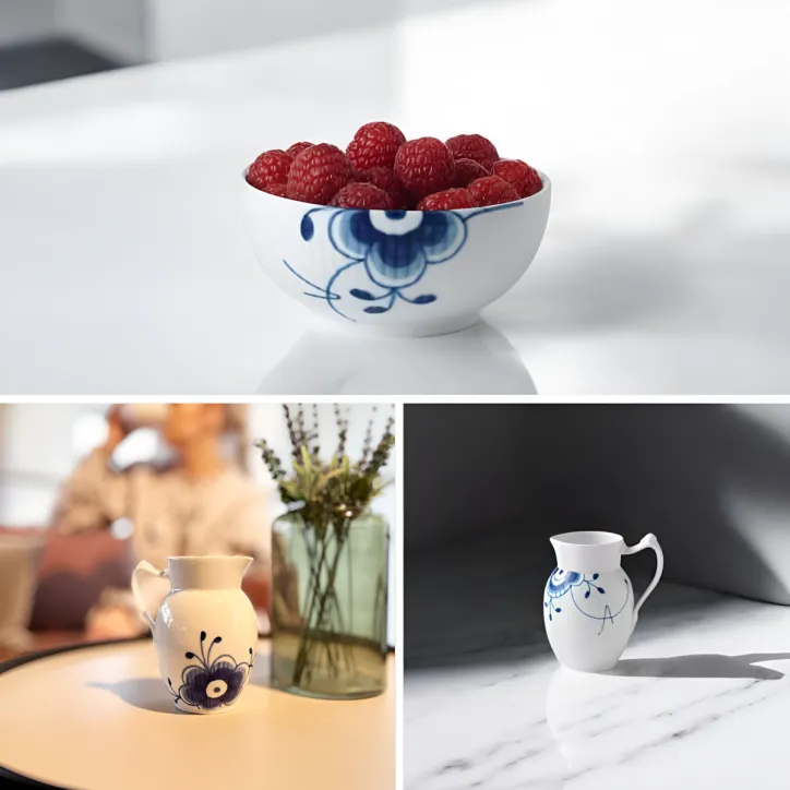 Royal Copenhagen Blå Mega Riflet kande og skål