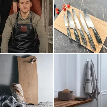 Køkkensæt af læder, tekstiler, damascus knive