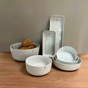 Eva Trio Komplet skål- og serveringsfadsæt i hvidt porcelæn