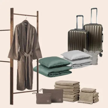 Sengetøj, badekåbe, toilettaske, XXL håndklædepakke og kuffertsæt