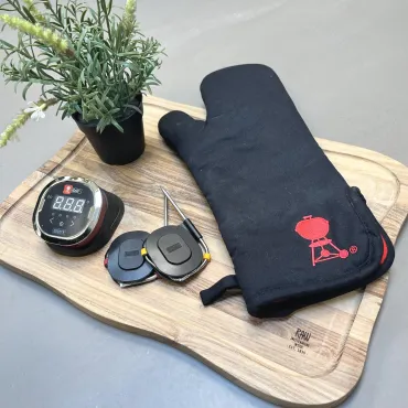 Teak Skærebræt med saftrille, 2 termometer med følere og grillhandske