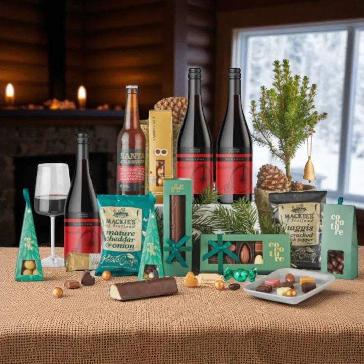 Merry Christmas delikatessekurv med vin og snacks
