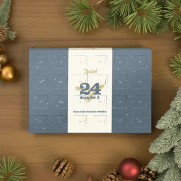 Julekalender med mørk chokolade og fyld