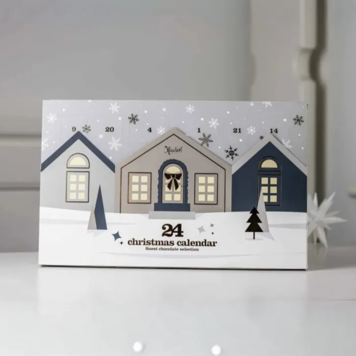 Julekalender med chokolade af mint, bær, lakrids