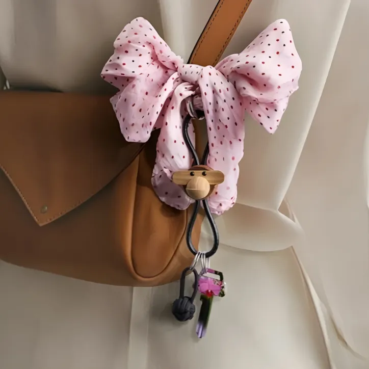 Kay Bojesen Abe sølvtonet metal nøglering med sort læder i teak/limba - 1