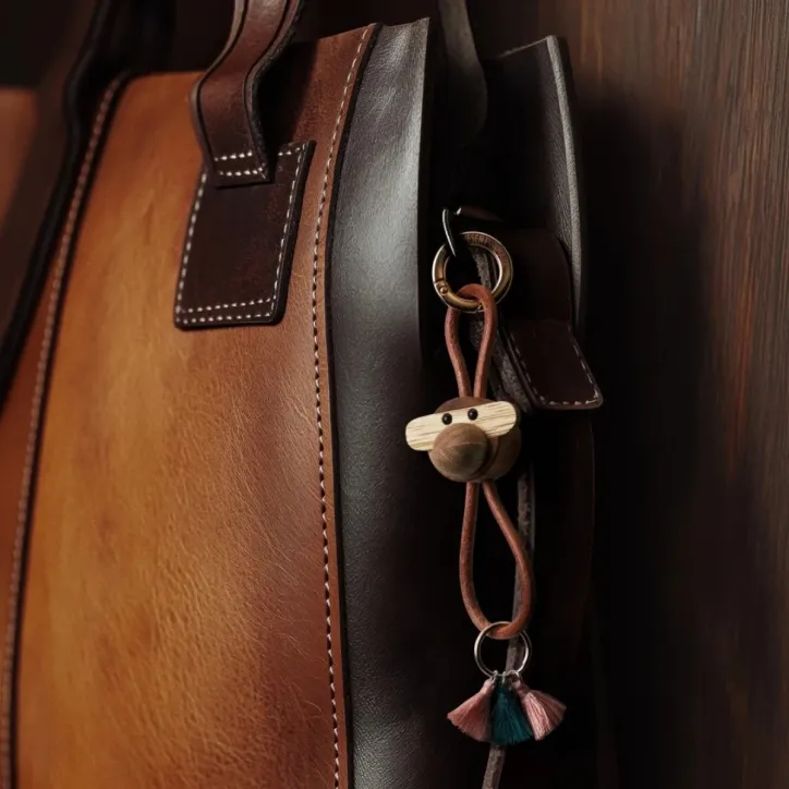Kay Bojesen Abe guldtonet metal nøglering med naturlæderlæder i teak/limba - 1