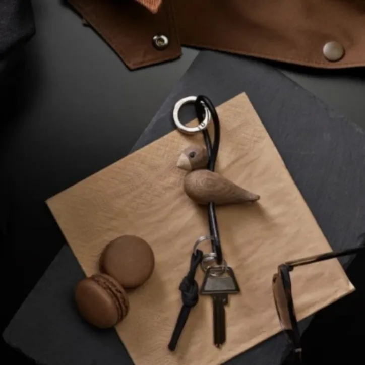 Kay Bojesen Fugl sølvtonet metal nøglering med læder i røget eg - 1