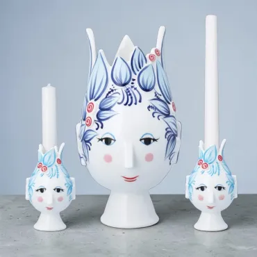 Bjørn Wiinblad Titania vase og kronelysestager i blå sæt á 3 dele