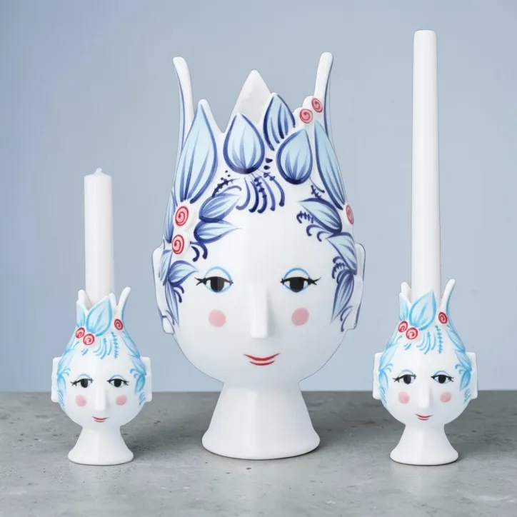 Bjørn Wiinblad Titania vase og kronelysestager i blå sæt á 3 dele