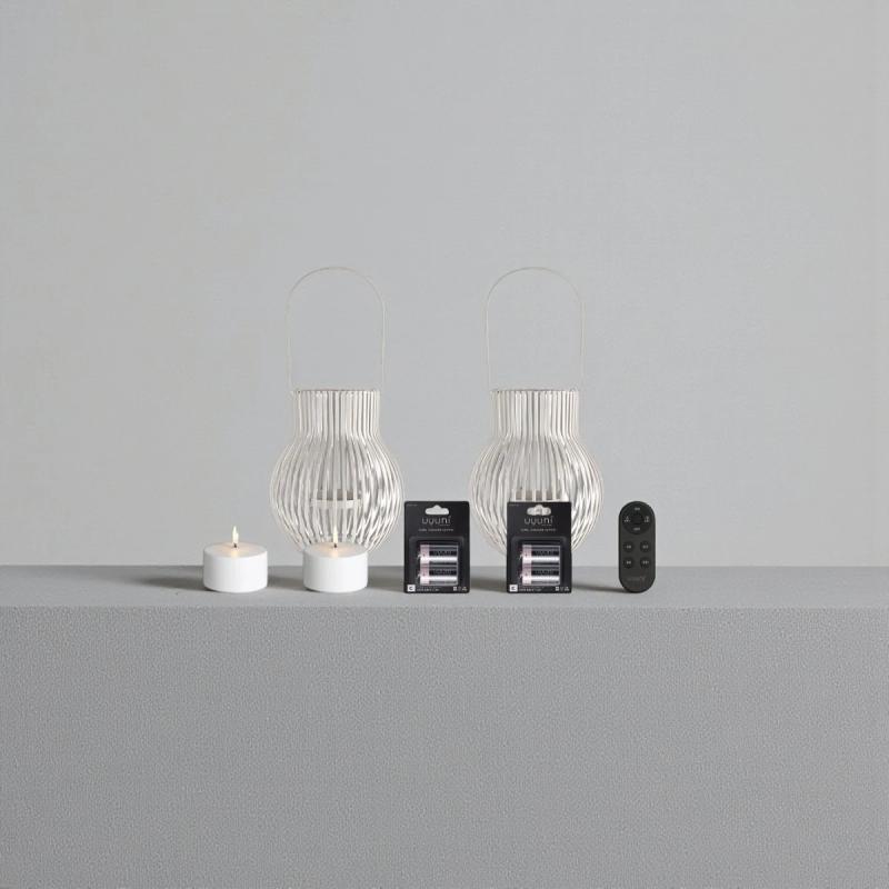 Uyuni LED lanterner small á 2 stk. i Lysegrå med LED lys og fjernbetjening - 3