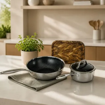byGaard Hybrid wok, kasseroll og teak spækbræt fra Noble Denmark