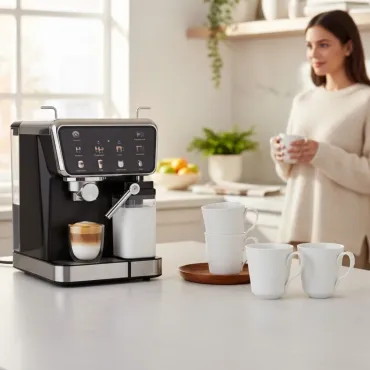 Espressomaskine 7-i-1 med Royal Copenhagen Hvid Riflet kopper